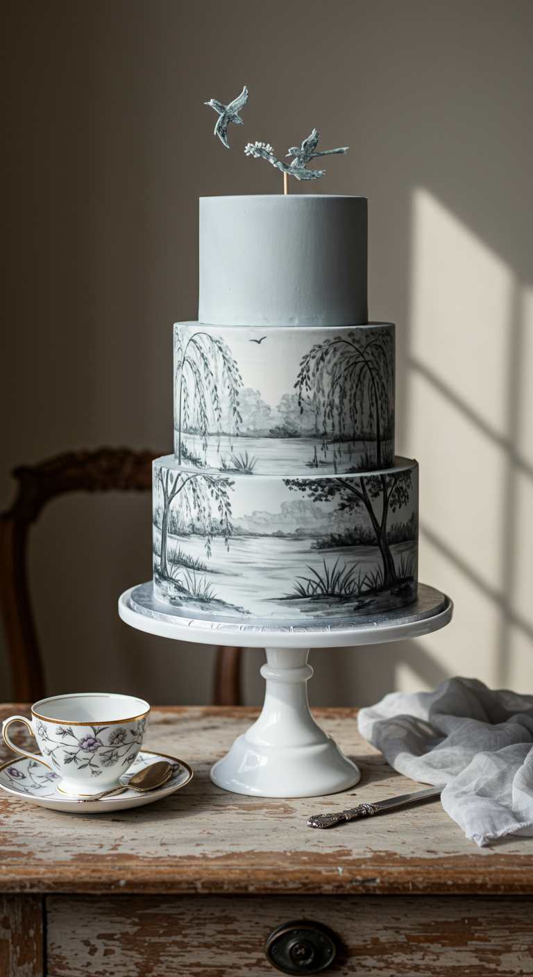 Dreistöckige Torte mit handgemalter Graustufen-Landschaft und Vogel-Toppern.