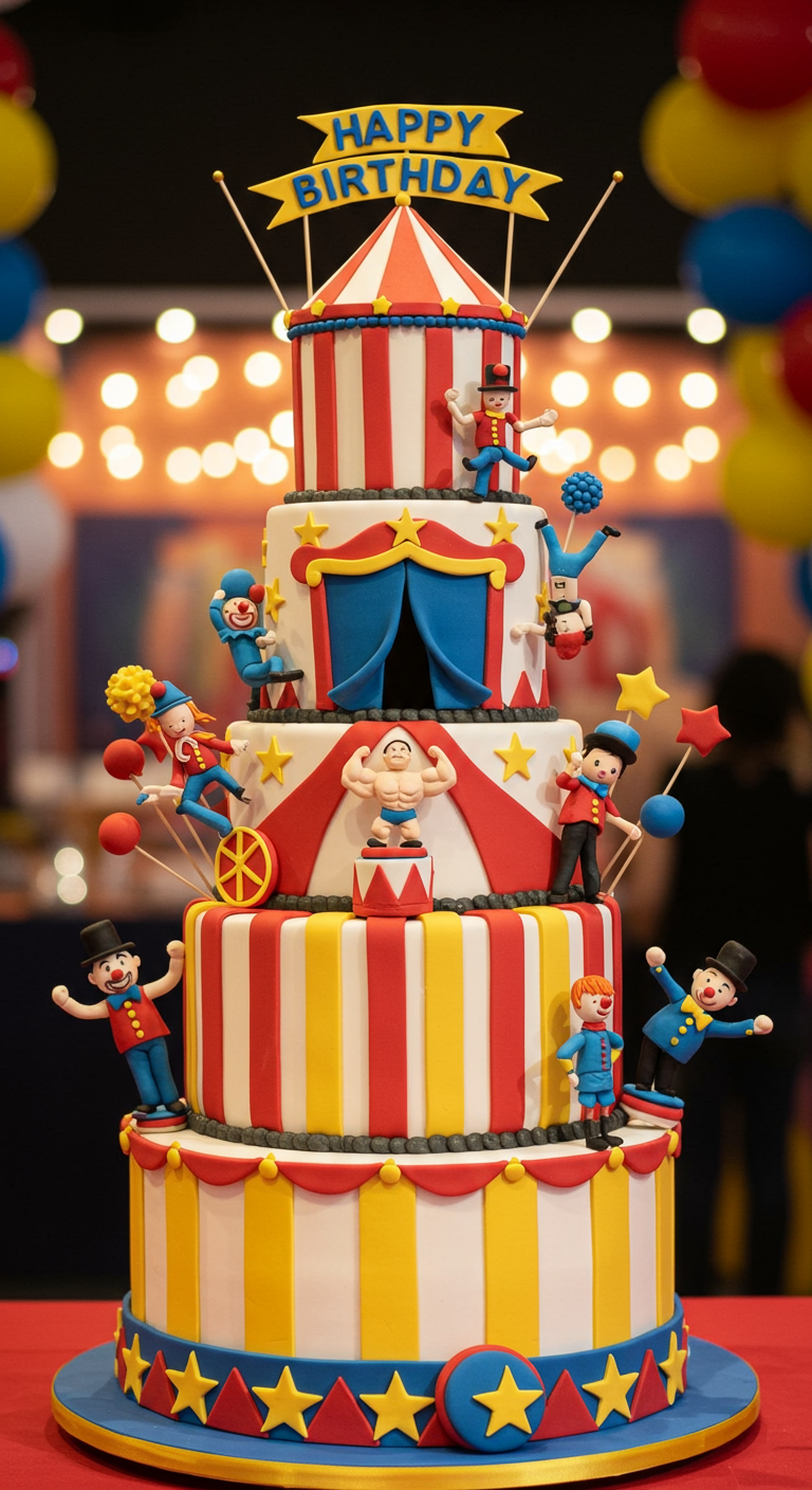 Mehrstöckige Zirkus-Torte mit Zelt, Artisten und Figuren.