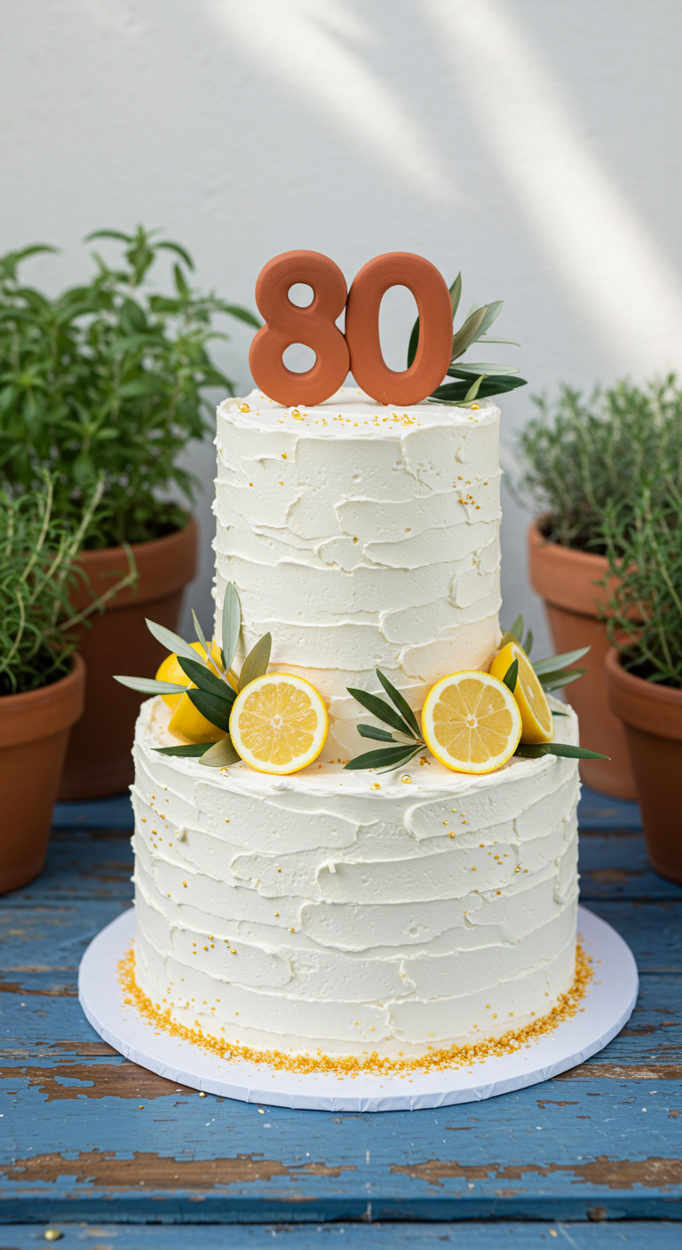 Zweistöckige weiße rustikale Torte mit Zitronenscheiben und Olivenzweigen.