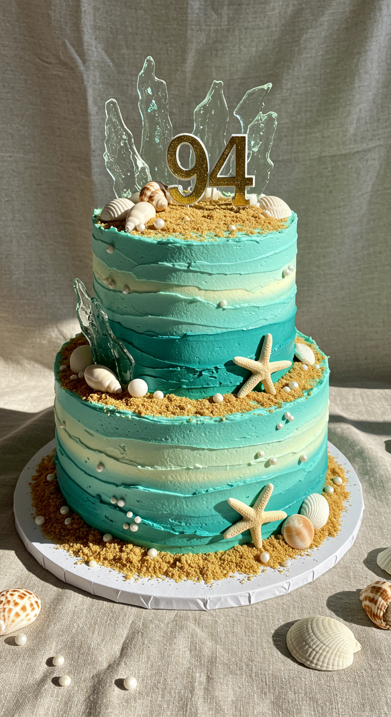 Zweistöckige Strandtorte in Türkis und Creme mit Muscheln und Seesternen.