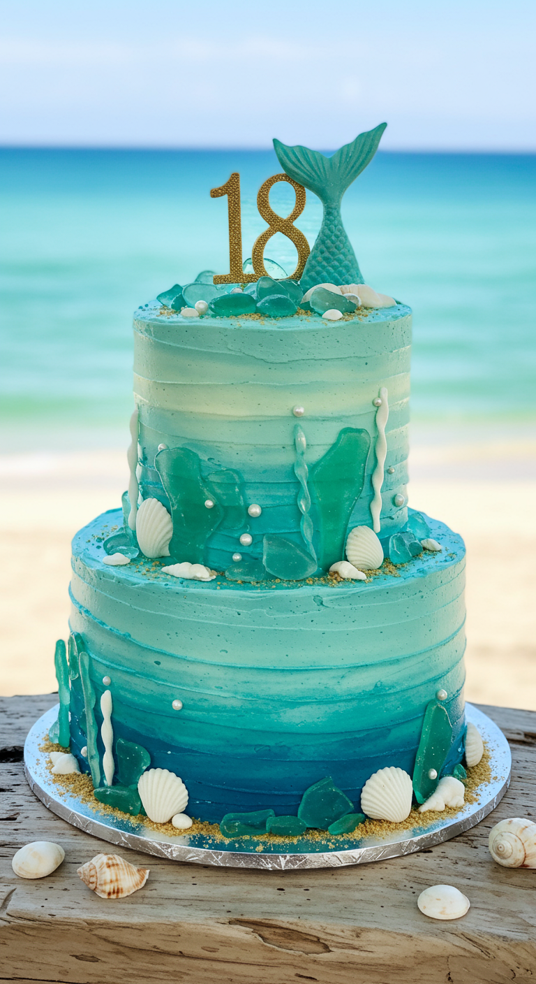 Zweistöckige blau-türkise Torte mit Meerjungfrauen-Deko und Glitzer.