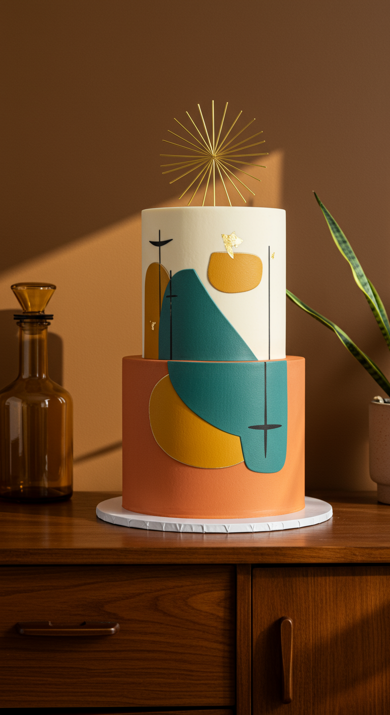 Zweistöckige Torte mit abstrakten Formen im Mid-Century-Stil und goldenem Sputnik-Topper.