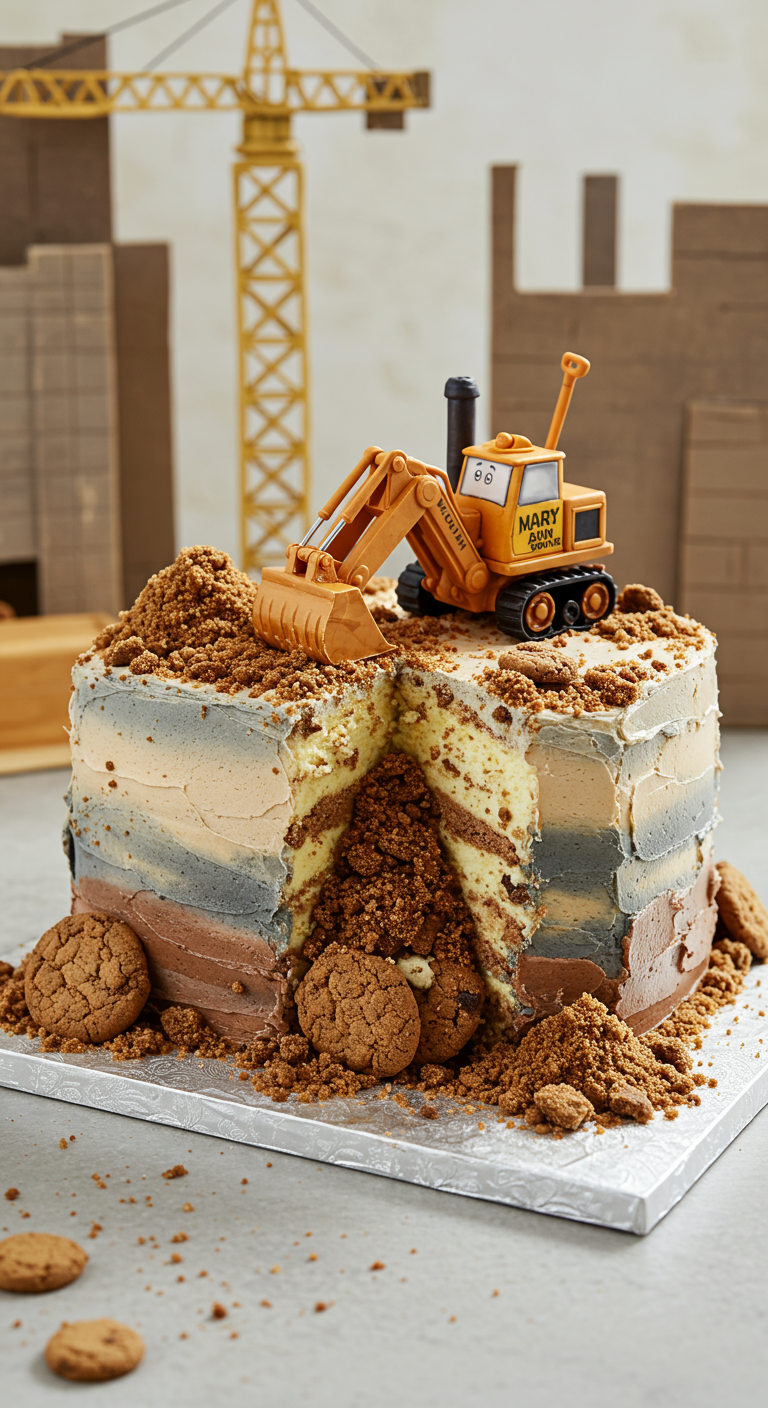 Angeschnittene Torte mit Keksbröseln als Erde und einem Spielzeugbagger obendrauf.