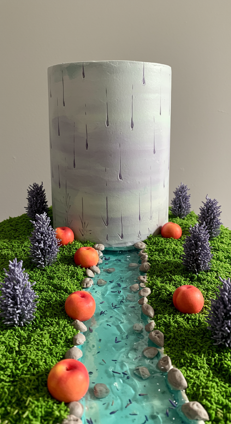 Hohe Torte mit Regentropfen-Muster, umgeben von einer Mini-Landschaft mit Bach und Pfirsichen.