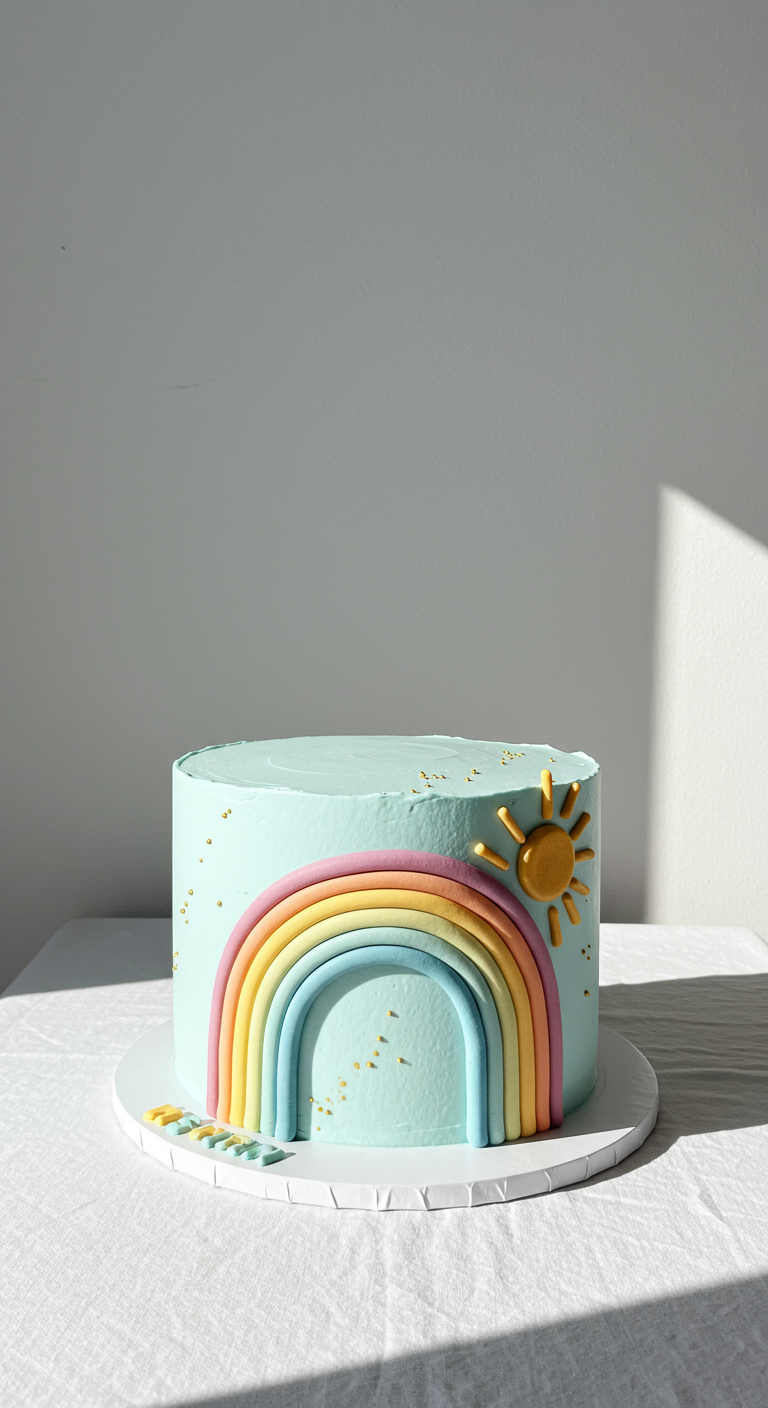 Hellblaue Torte mit einem schlichten Fondant-Regenbogen und einer kleinen Sonne.