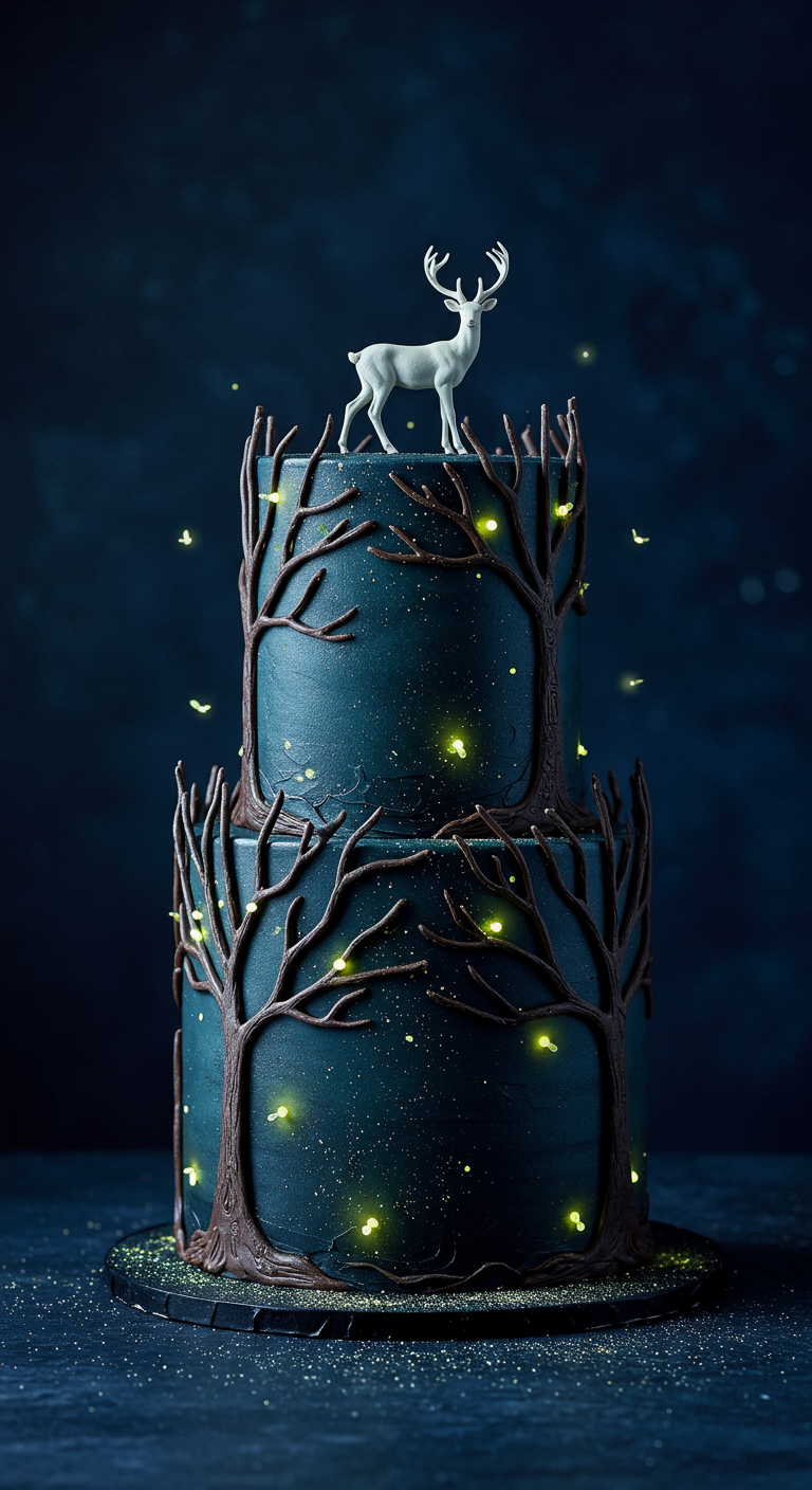 Dunkelblaue zweistöckige Torte mit Schokoladenbäumen und Hirsch-Topper.