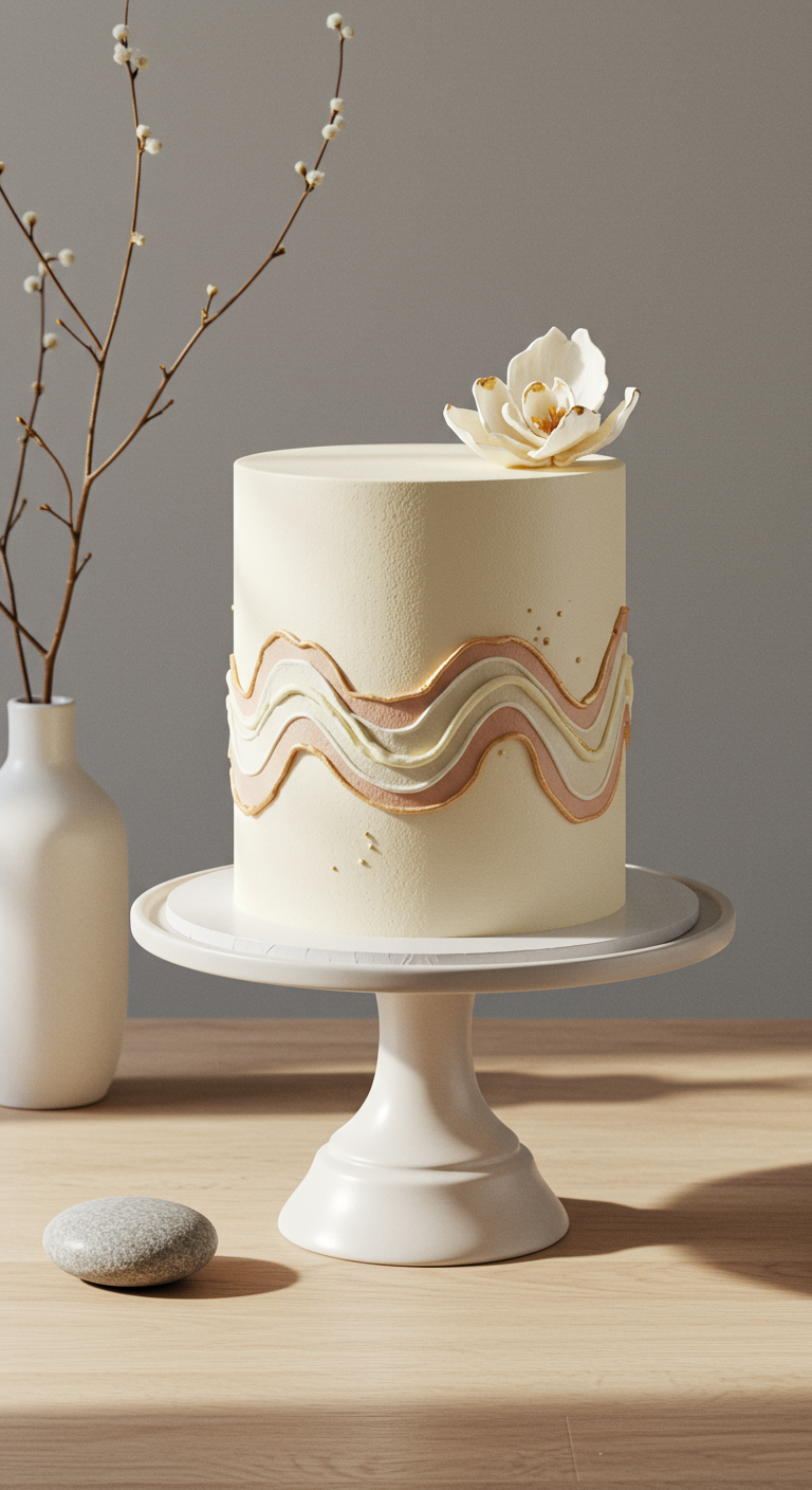 Schlichte weiße Torte mit abstrakten Wellen in Gold und Roségold und einer einzelnen weißen Blüte.