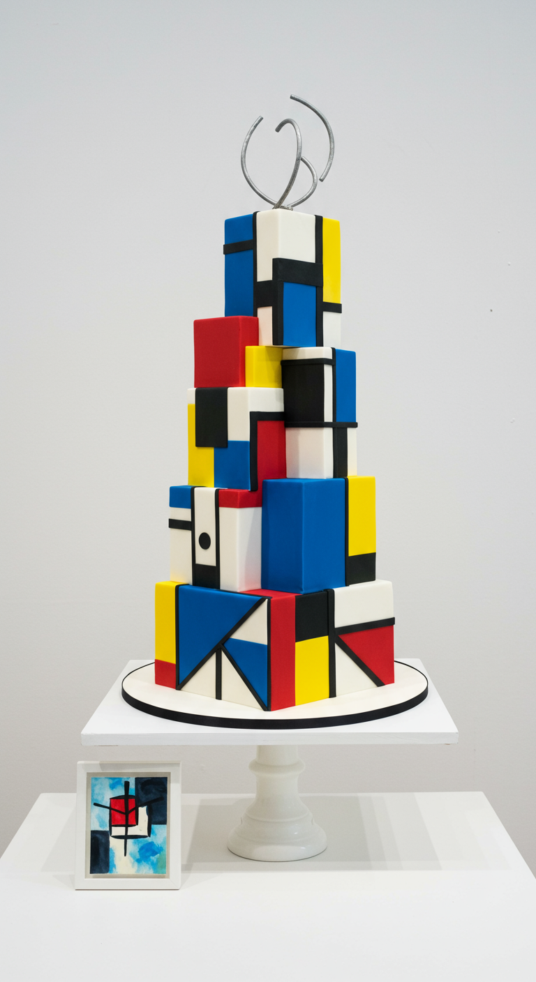 Mehrstöckige Torte im Stil eines Mondrian-Gemäldes mit geometrischen Farbflächen.