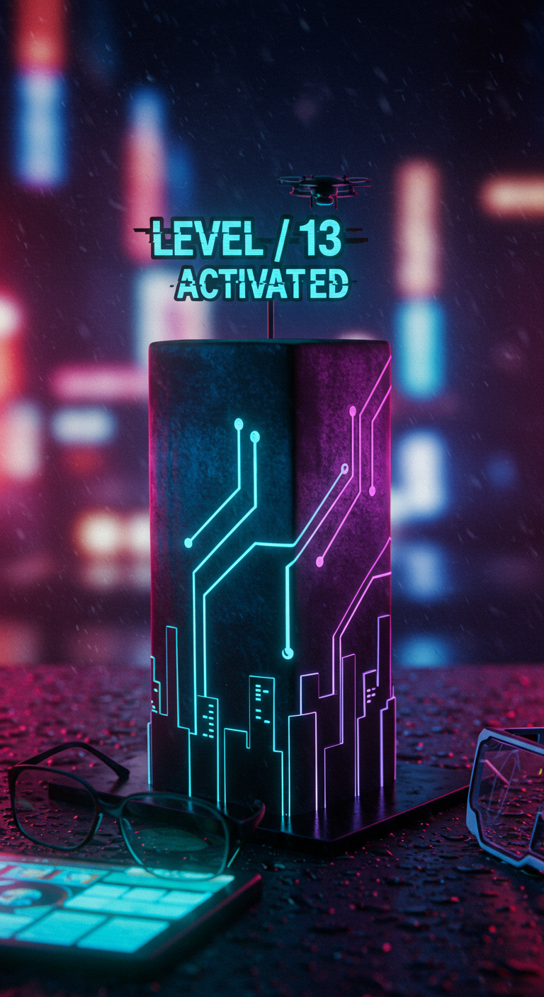 Dunkle Torte mit leuchtenden Neon-Linien im Cyberpunk-Stil und Drohne-Topper.