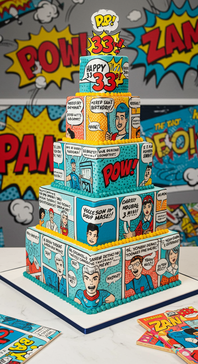 Mehrstöckige Comic-Torte mit bunten Panels, Sprechblasen, Action-Wörtern, Zahl 33.