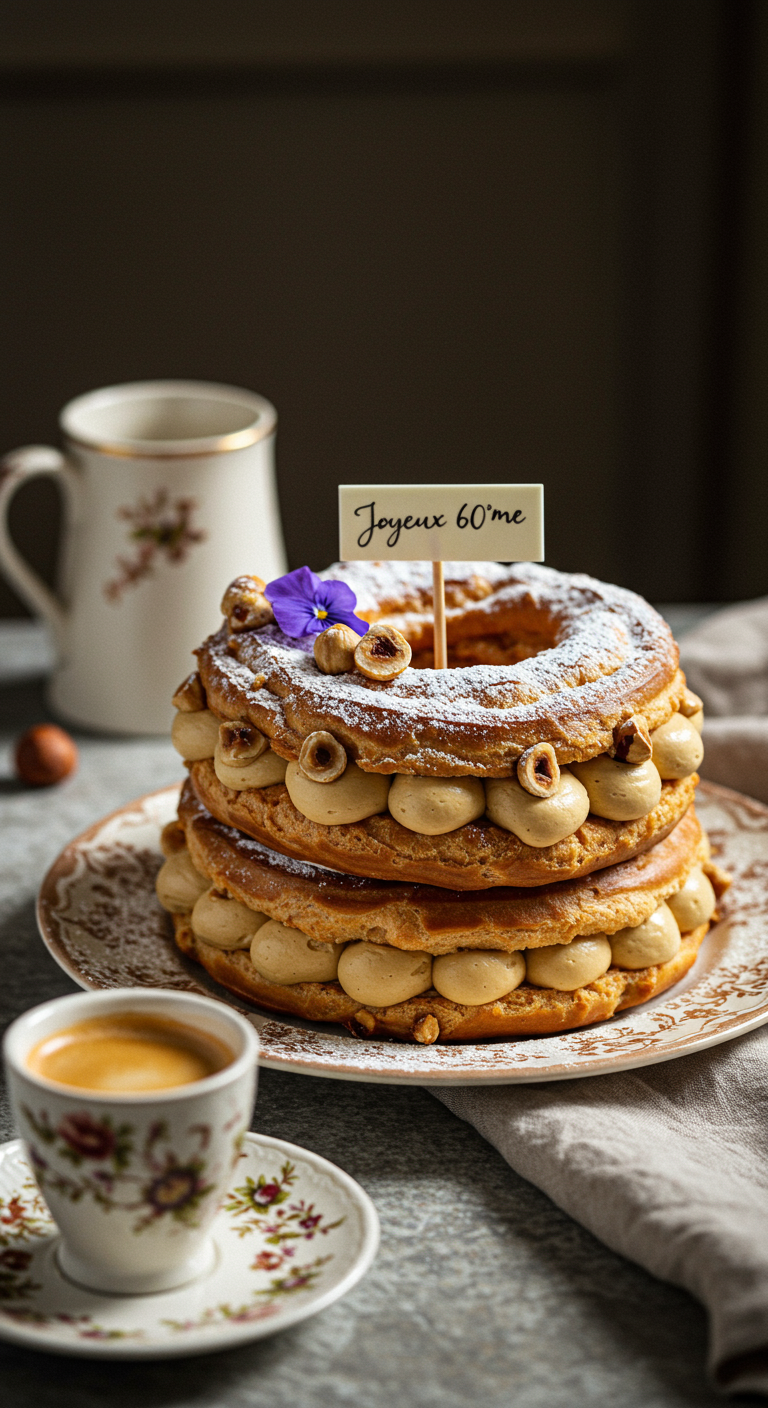 Paris-Brest-Torte (Brandteigringe mit Creme) mit „Joyeux 60ème“-Schild.