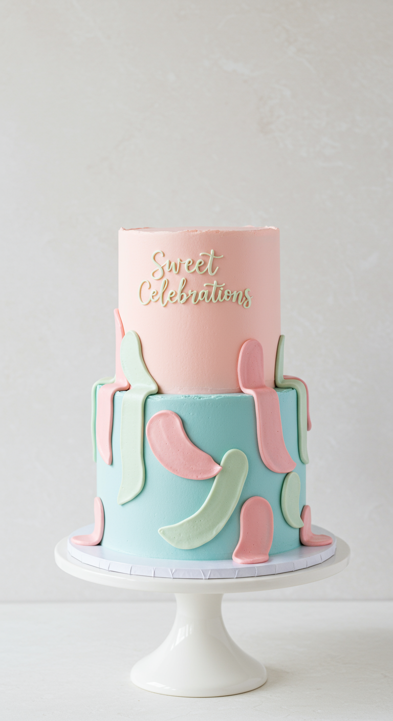 Zweistöckige Buttercreme-Torte in Rosa und Türkis mit abstrakten pastellgrünen Formen.