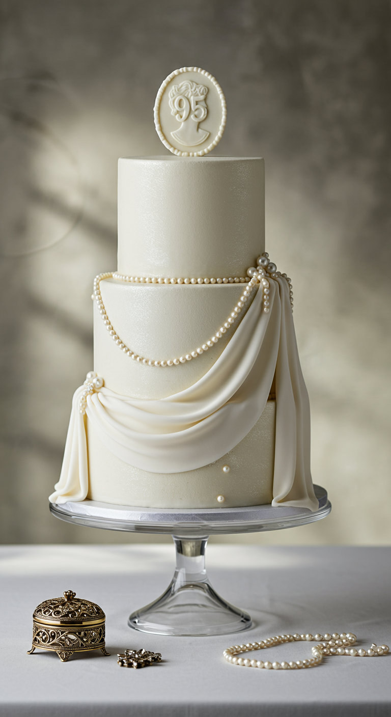 Zweistöckige weiße Torte mit Perlmuttschimmer, Perlenschmuck und Cameo-Medaillon.
