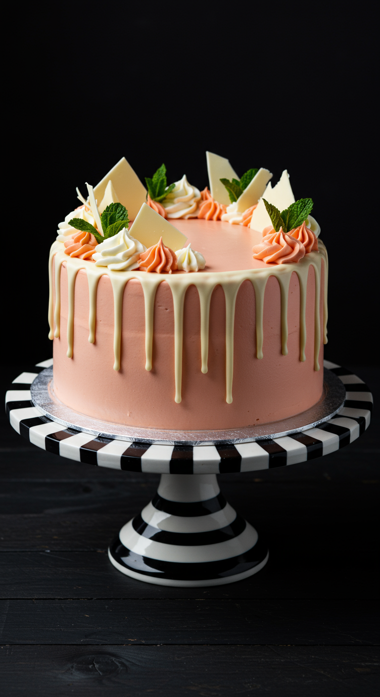 Pfirsichfarbene Torte mit weißem Schokoladen-Drip, weißen Schokosplittern und Minzblättern.