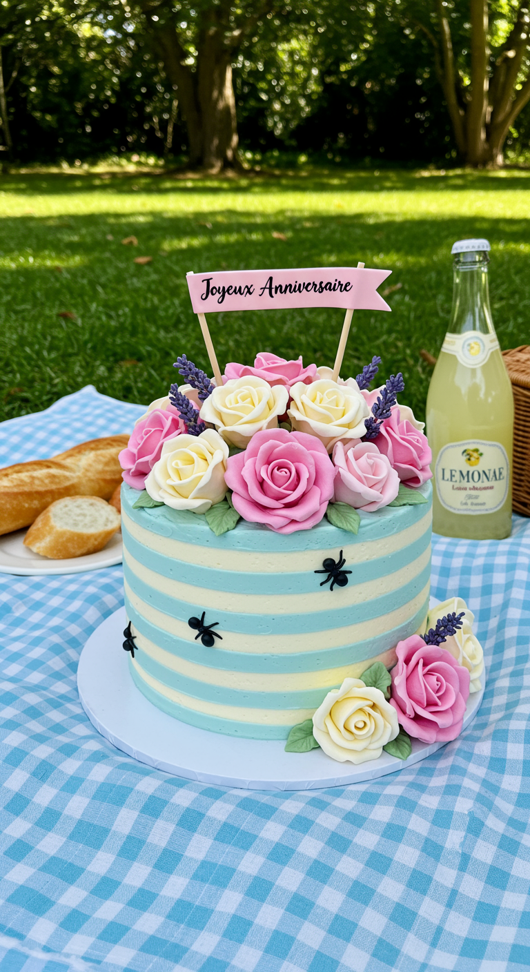Blau-weiß gestreifte Torte mit rosa und weißen Rosen, Lavendel und kleinen Zucker-Ameisen.