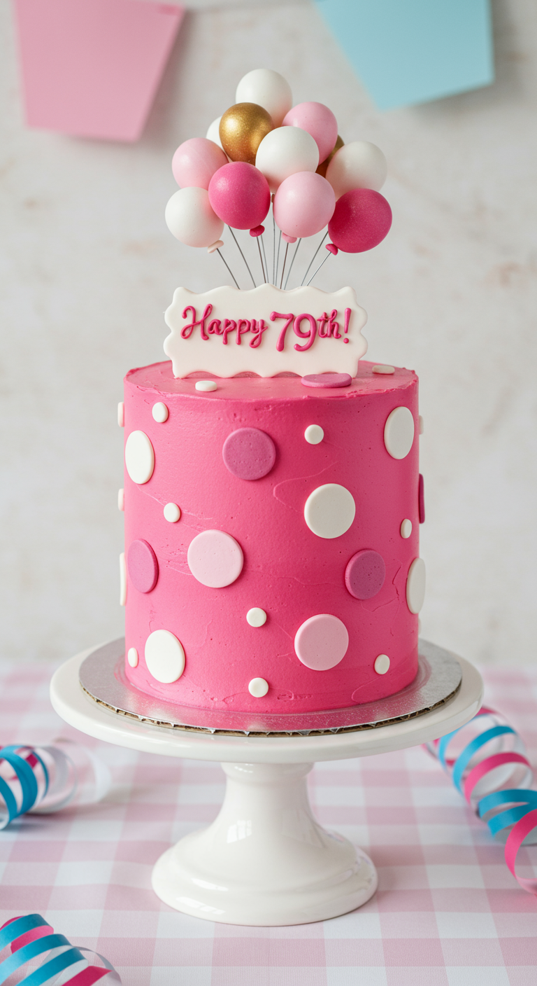 Pinke Torte mit bunten Punkten und einem Topper aus Cake-Pop-Ballons und 'Happy 79th!' Schild.