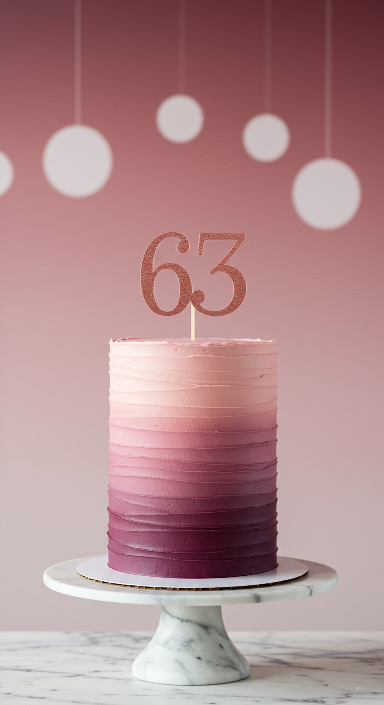 Hohe Torte mit rosa-lila Ombré-Farbverlauf und einem glitzernden 63-Topper.