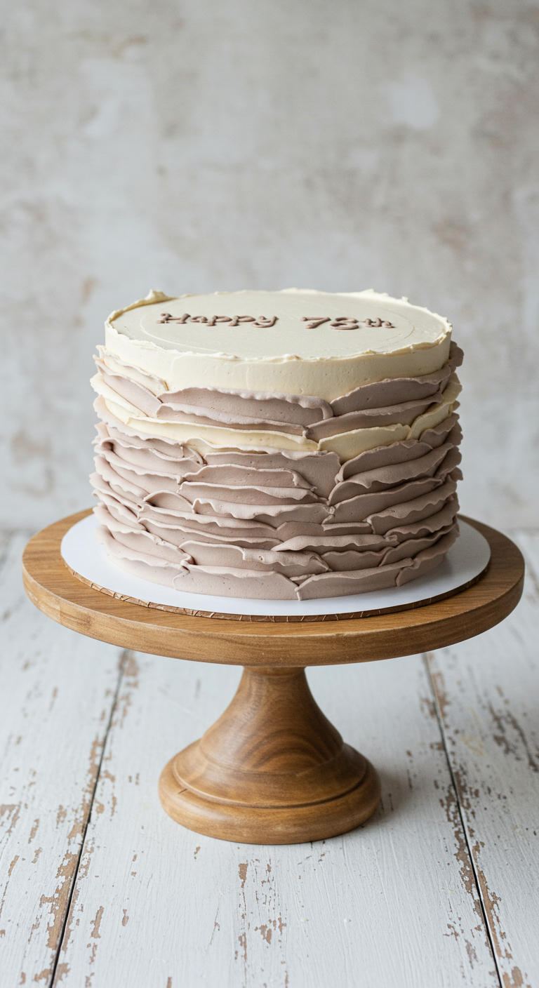 Runde Torte mit Ombré-Rüschen in Braun- und Cremetönen auf einem Holzteller.