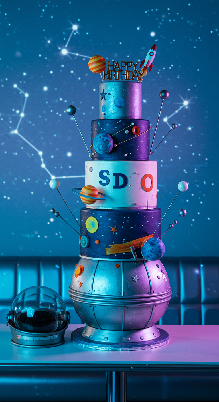 Mehrstöckige Torte als Weltraumrakete mit Planeten, Sternen und Astronautenhelm.