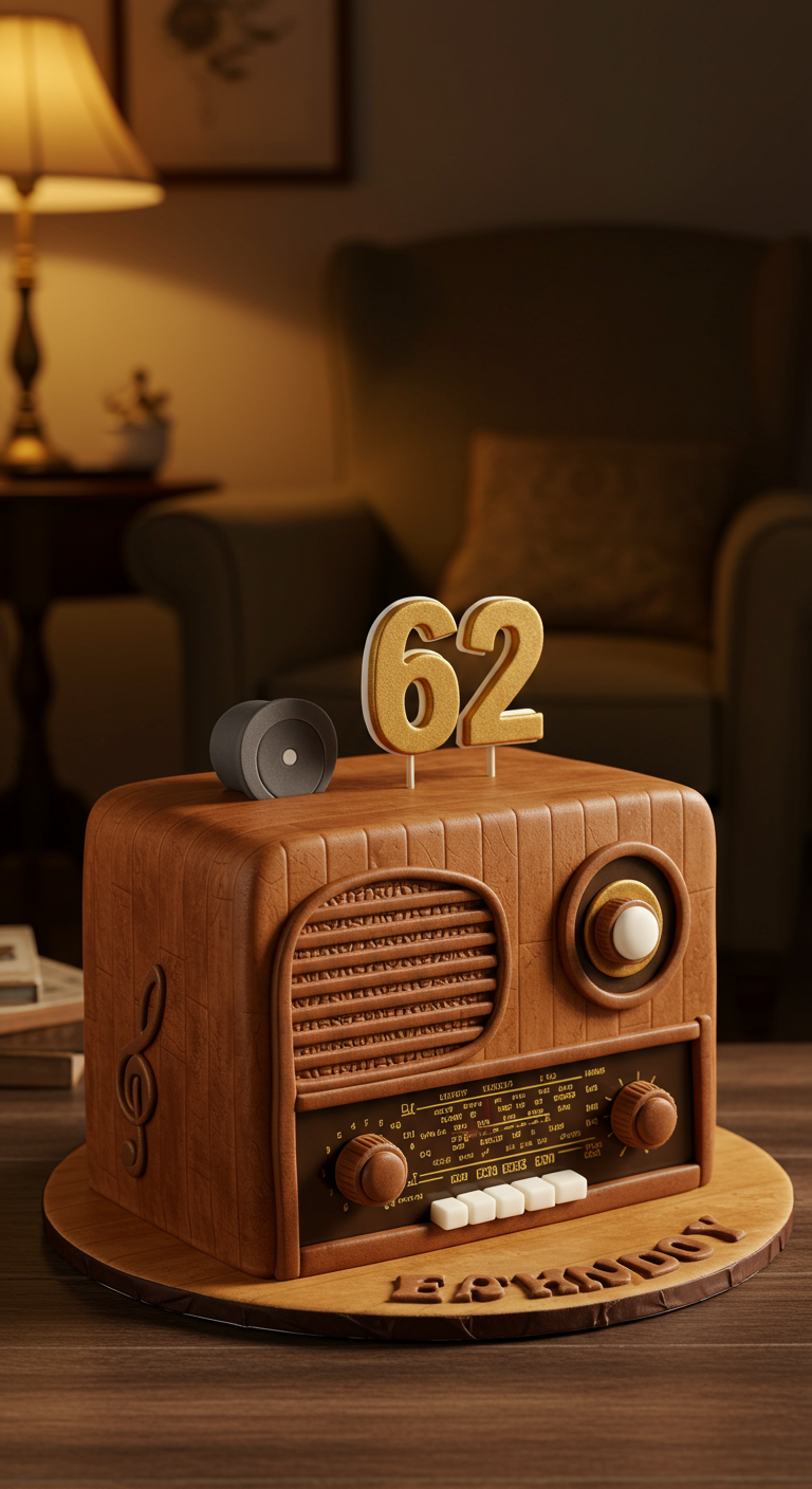 Torte in Form eines alten Holzradios mit Knöpfen und goldener Zahl 62.