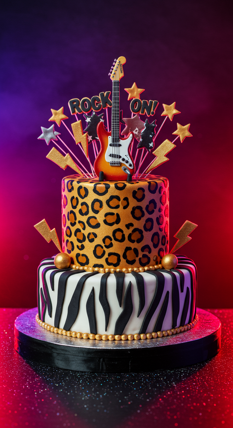 Zweistöckige Glam-Rock-Torte mit Leoparden- und Zebramuster, E-Gitarren-Topper.