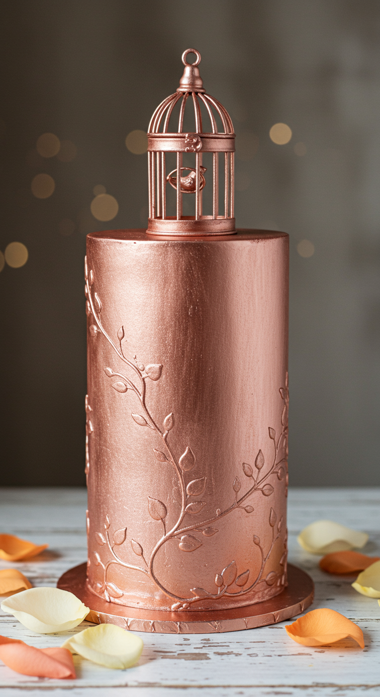Roségoldene Torte mit eingeprägtem Rankenmuster und einem Vogelkäfig-Topper.