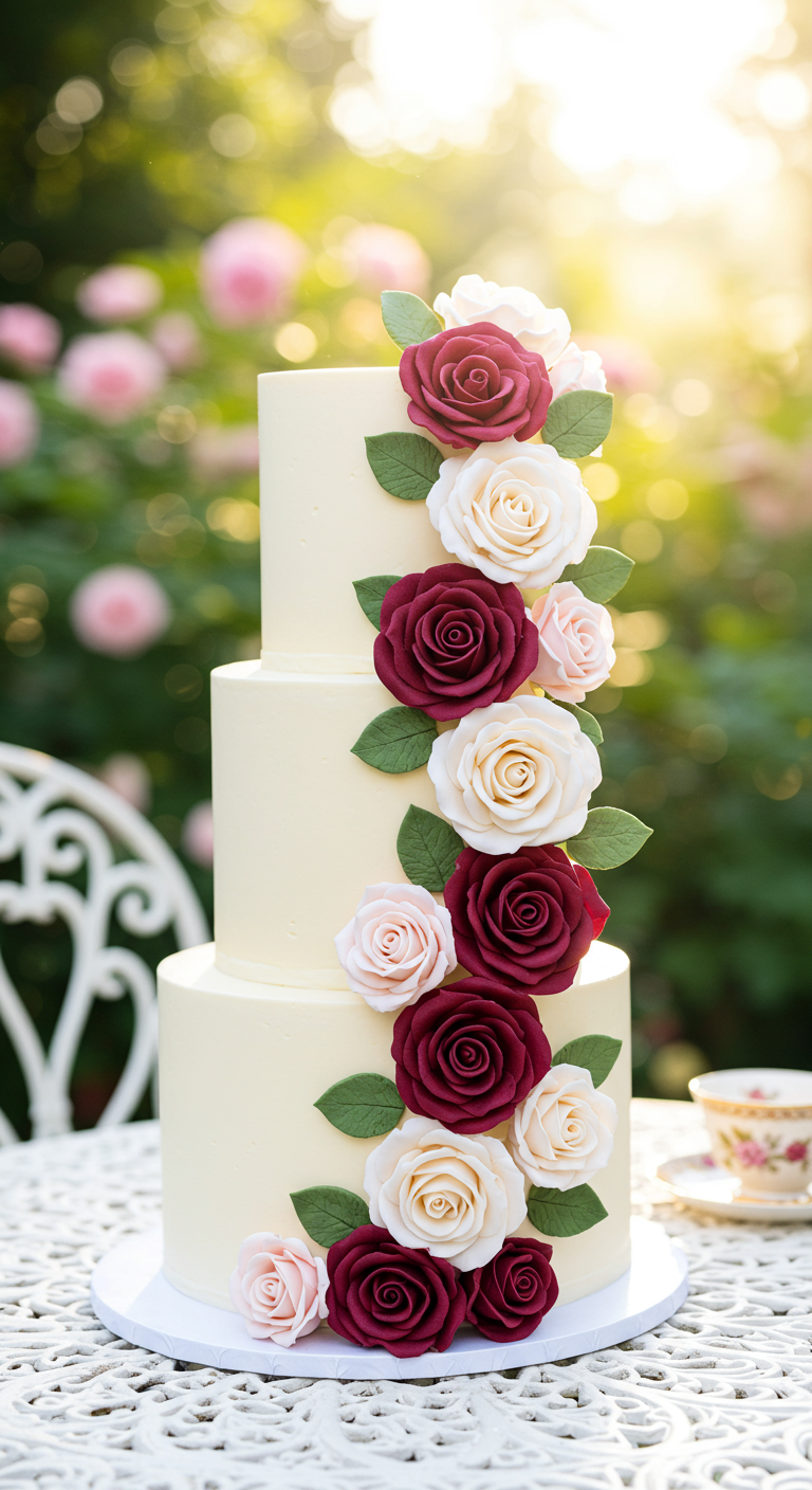 Dreistöckige cremefarbene Torte mit einer Kaskade aus Rosen in Weinrot, Rosa und Weiß.