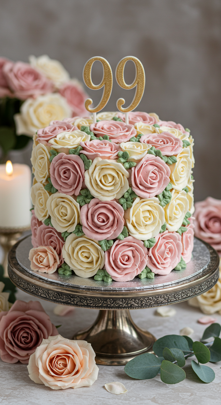 Hohe Torte komplett mit Buttercreme-Rosen in Rosa und Creme bedeckt.
