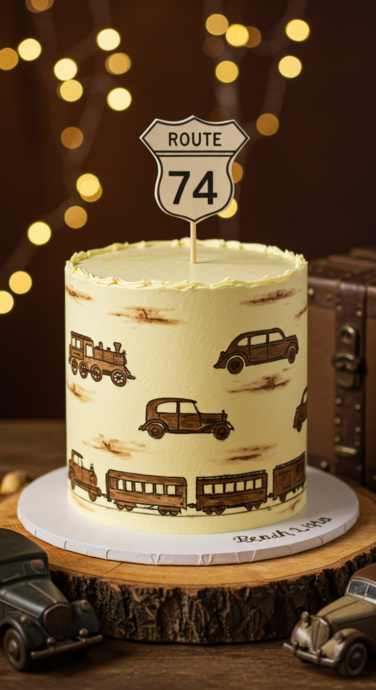 Helle Torte mit aufgemalten Oldtimer-Autos und Zügen, Topper 'Route 74'.