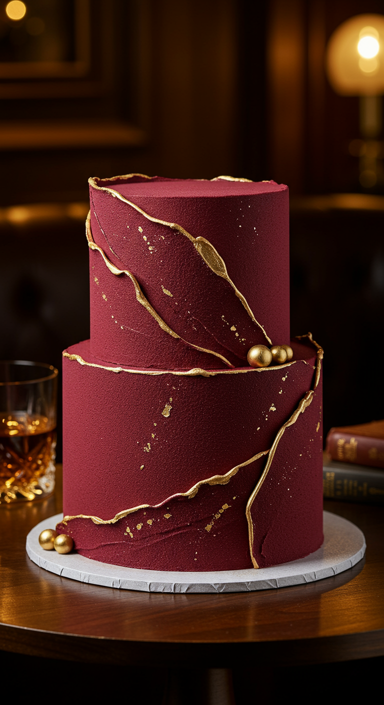 Zweistöckige burgunderrote Torte mit Samt-Textur und fließenden Goldakzenten.