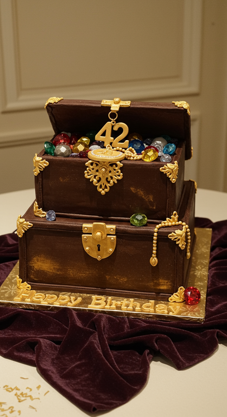 Zweistöckige Torte in Form einer Schatztruhe, gefüllt mit bunten Juwelen, Zahl 42.