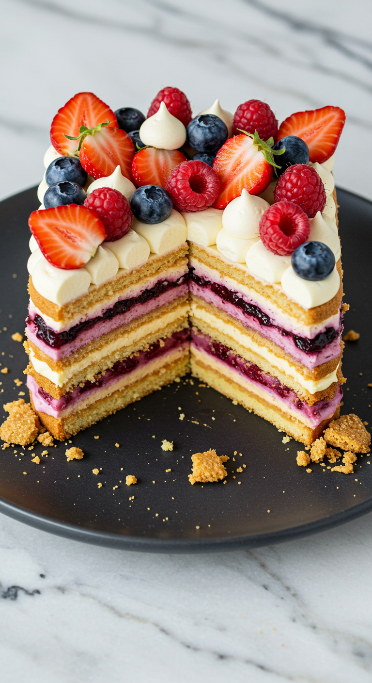 Angeschnittene quadratische Schichttorte mit Beeren und Cremefüllungen.