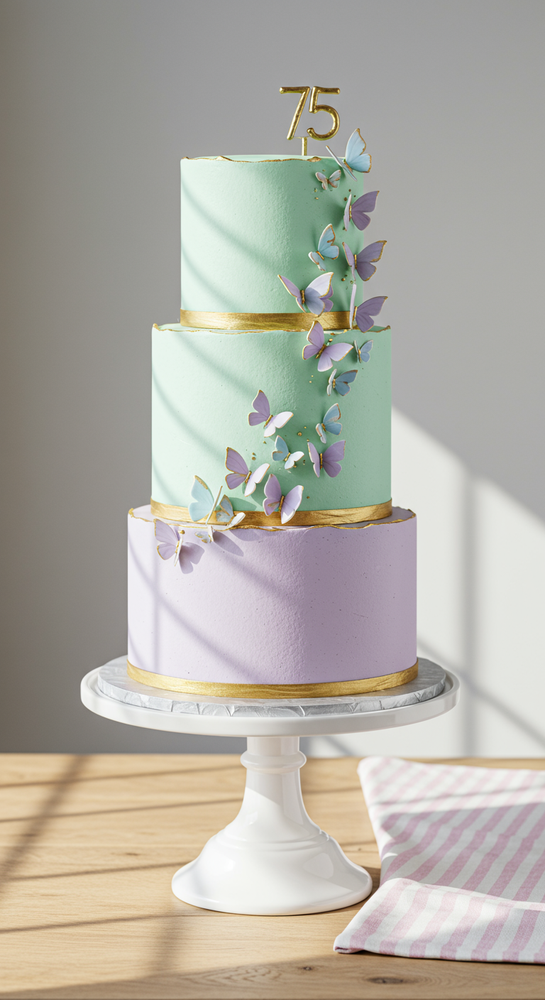 Dreistöckige Torte in Mint und Flieder mit goldenen Bändern und aufsteigenden Schmetterlingen.