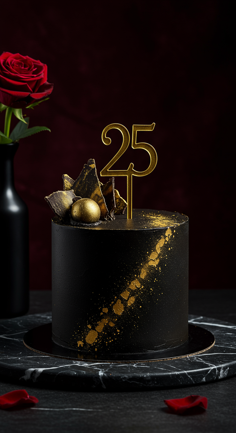 Schwarze Torte mit goldenem Spritzer-Effekt,