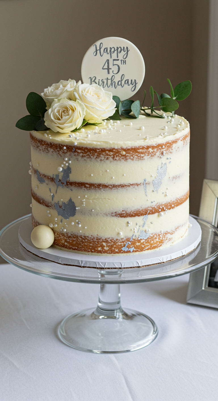 Semi-Naked Torte mit weißen Rosen, Eukalyptus und Silberakzenten,