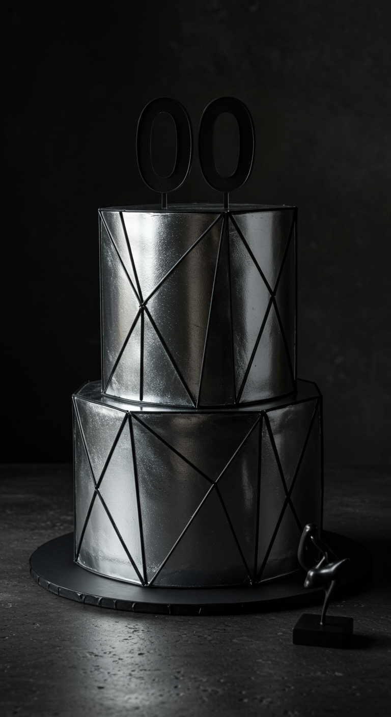 Zweistöckige silberne Y2K-Torte mit schwarzen geometrischen Linien und „00“ Topper.