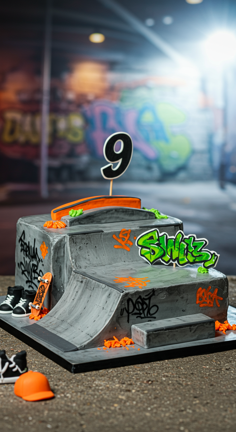 Skatepark-Torte in Grau mit Rampen, Graffiti-Schriftzügen und Mini-Skateboard.