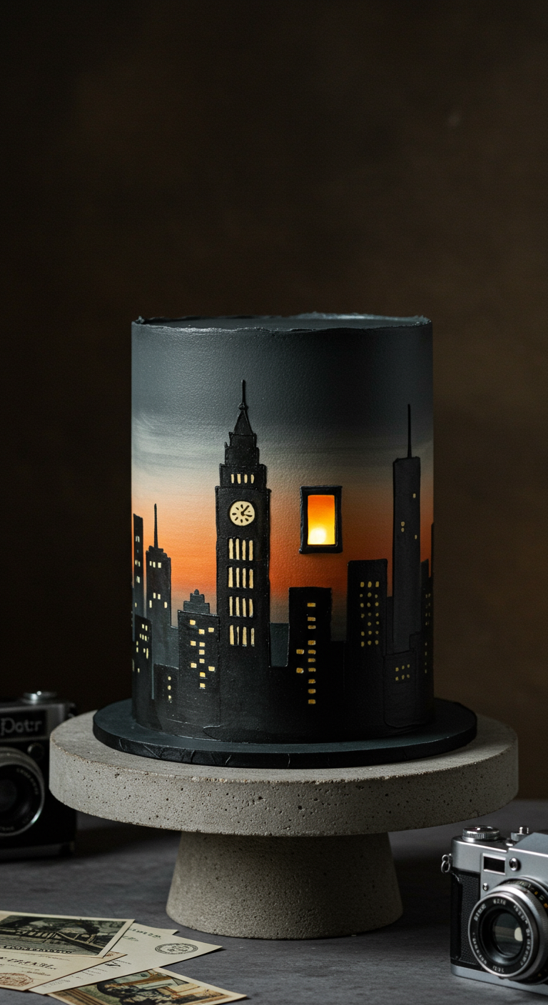 Graue Torte mit handgemalter Stadtsilhouette (Big Ben) bei Sonnenuntergang