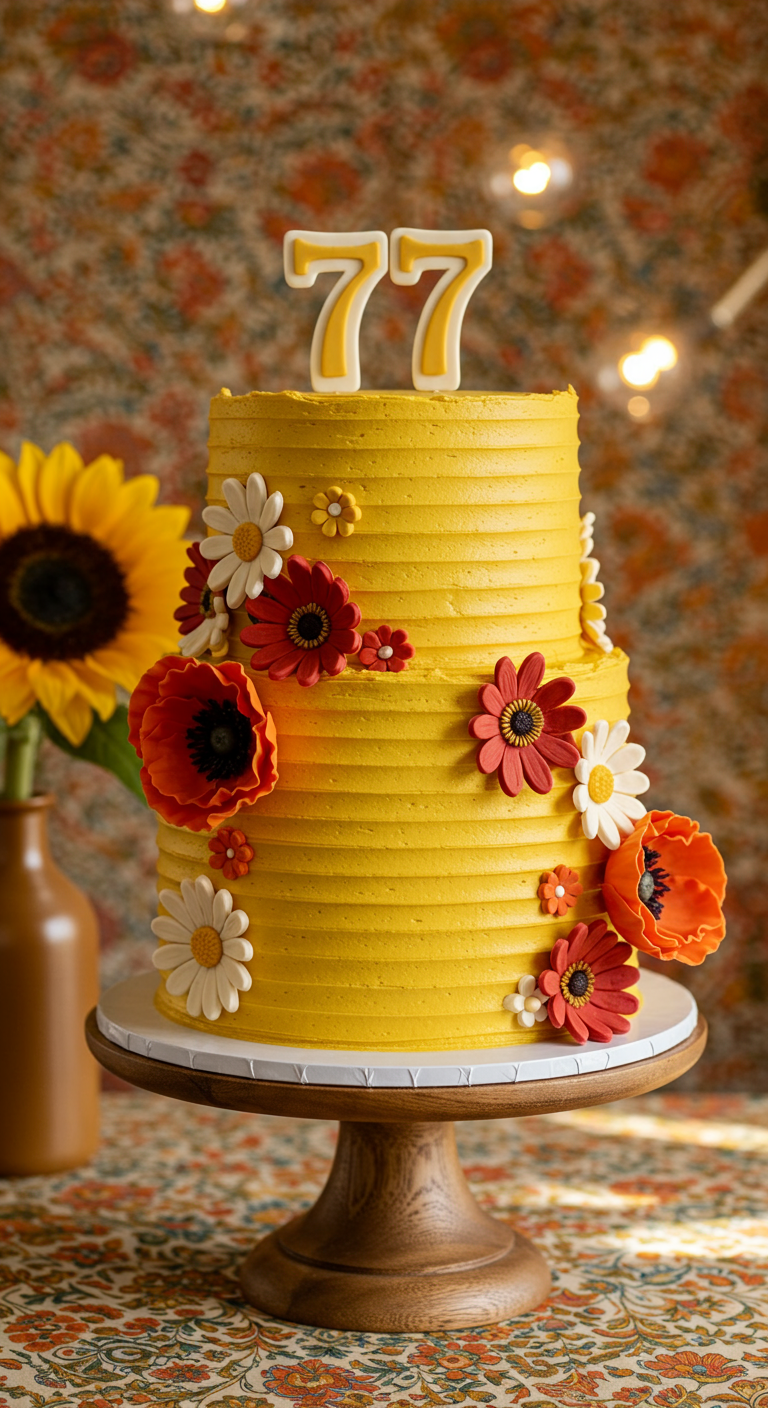 Zweistöckige sonnengelbe Torte mit Rillenstruktur und bunten Zuckerblumen (Mohn, Gänseblümchen).
