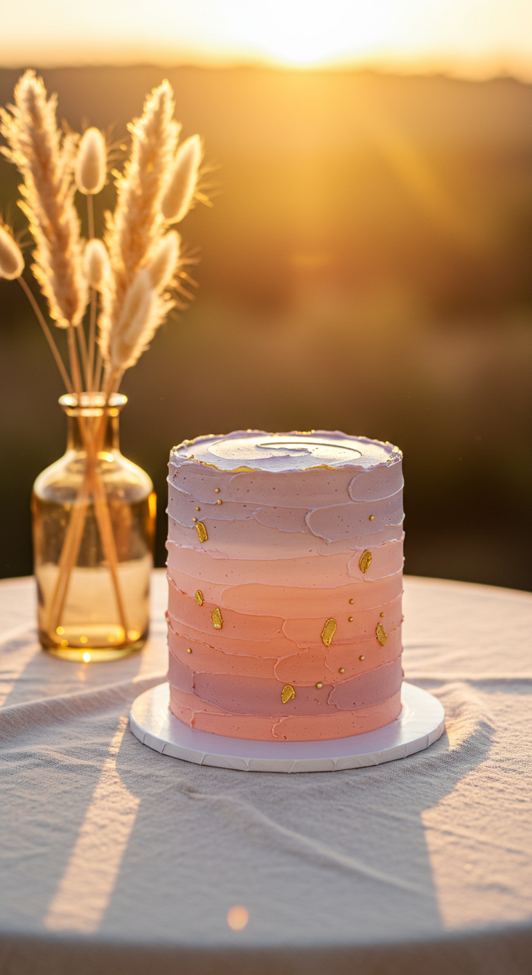 Runde Torte mit Ombré-Farbverlauf von Violett zu Orange, dekoriert mit Goldflocken.