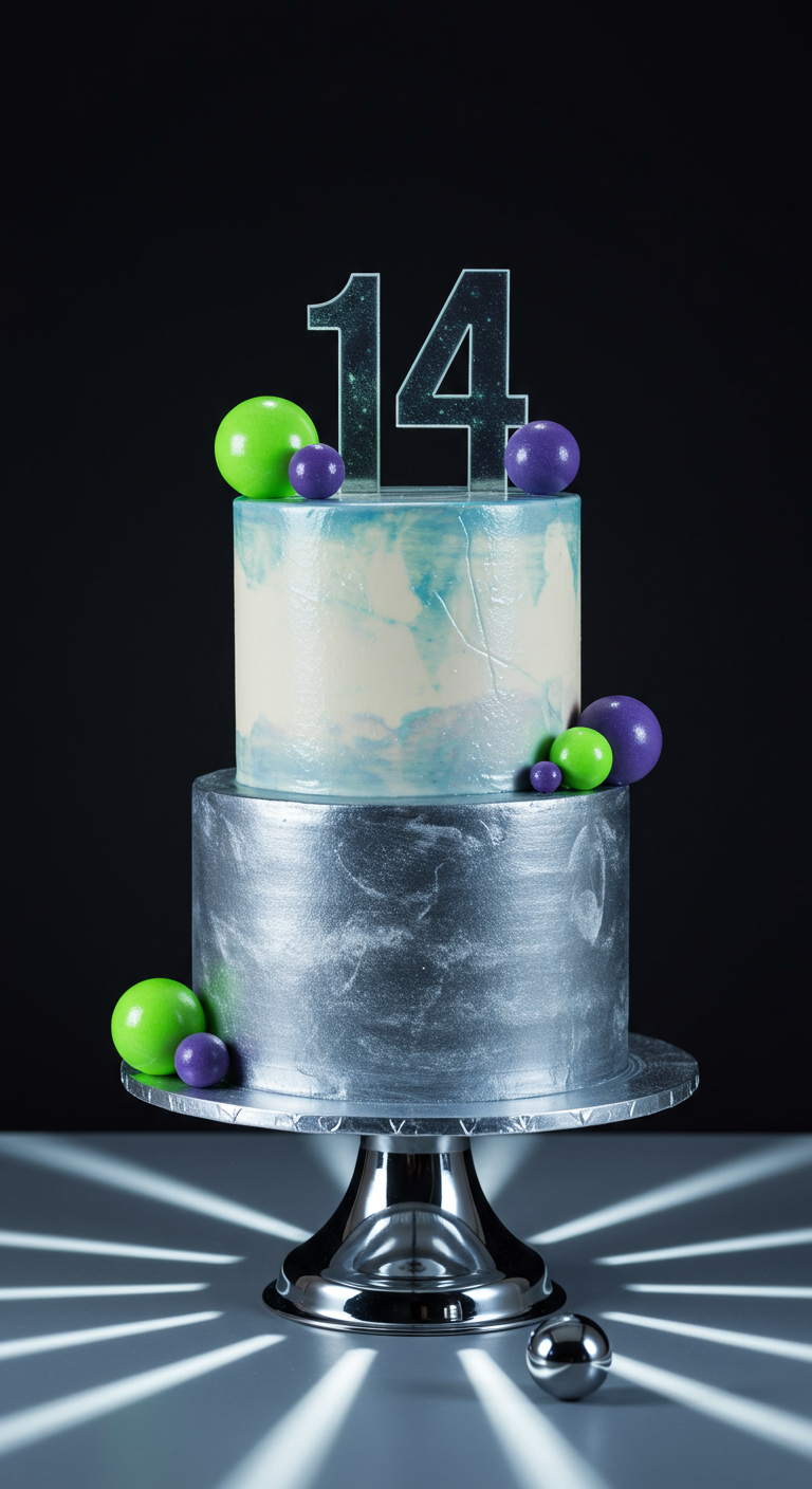 Zweistöckige Torte: unten silbern, oben weiß-türkis marmoriert, mit bunten Kugeln.