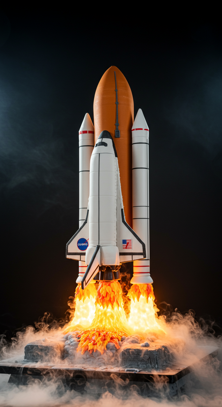 Space Shuttle Modellkuchen mit realistischen Flammen und Rauch.