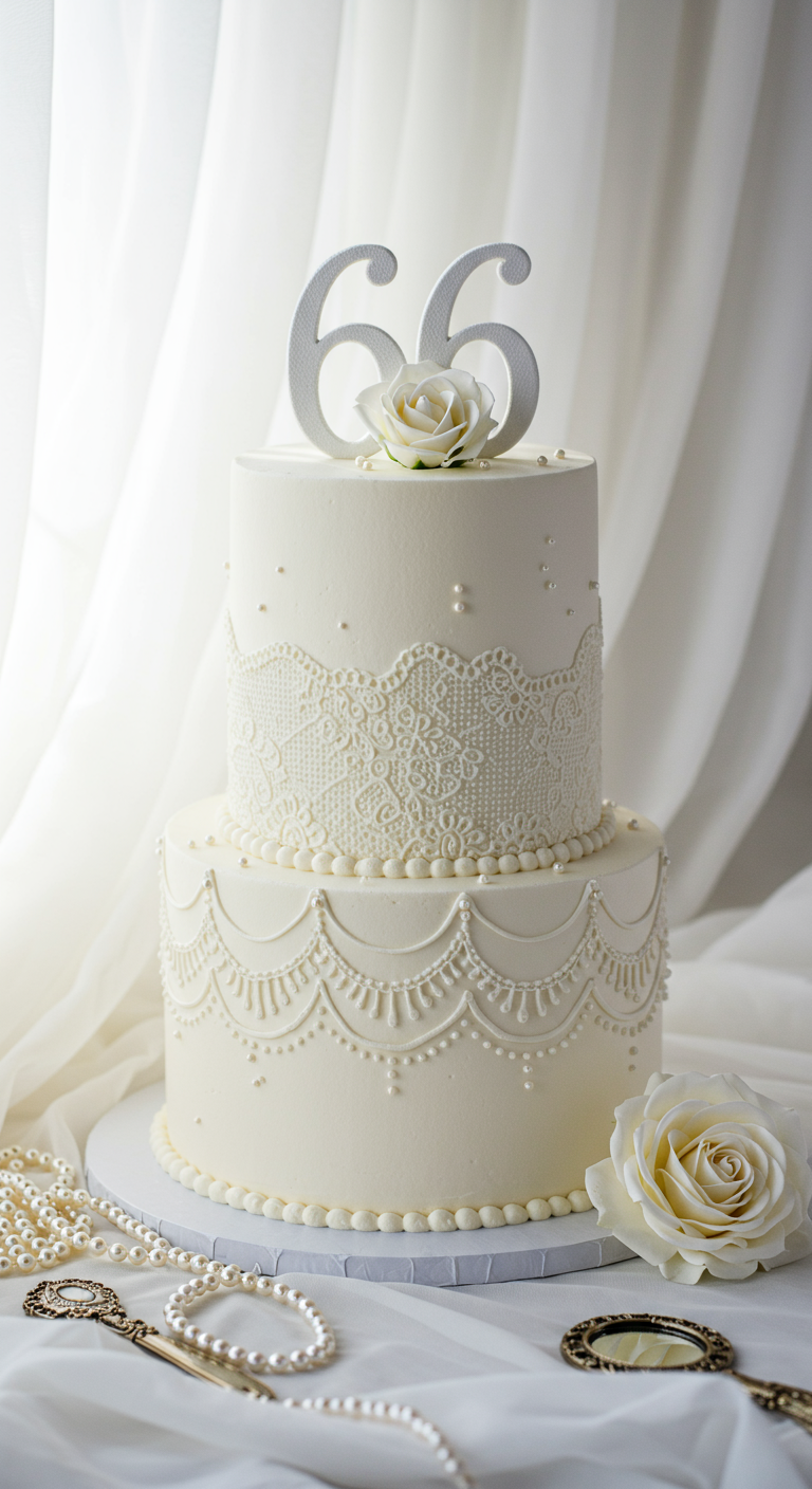 Weiße Torte mit Spitzenmuster, Perlen, Rose,