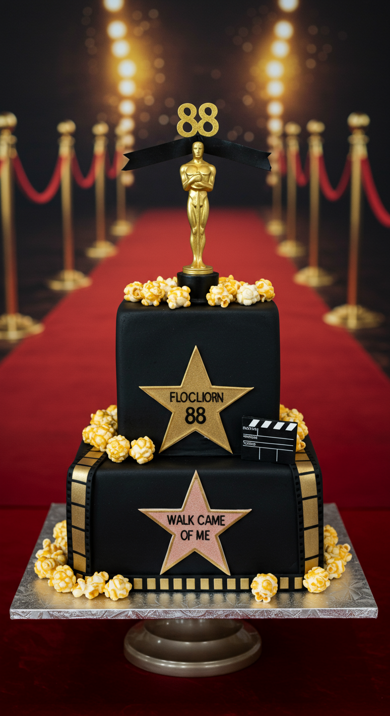 Zweistöckige schwarze Torte im Hollywood-Stil mit Sternen und Oscar-Statue.