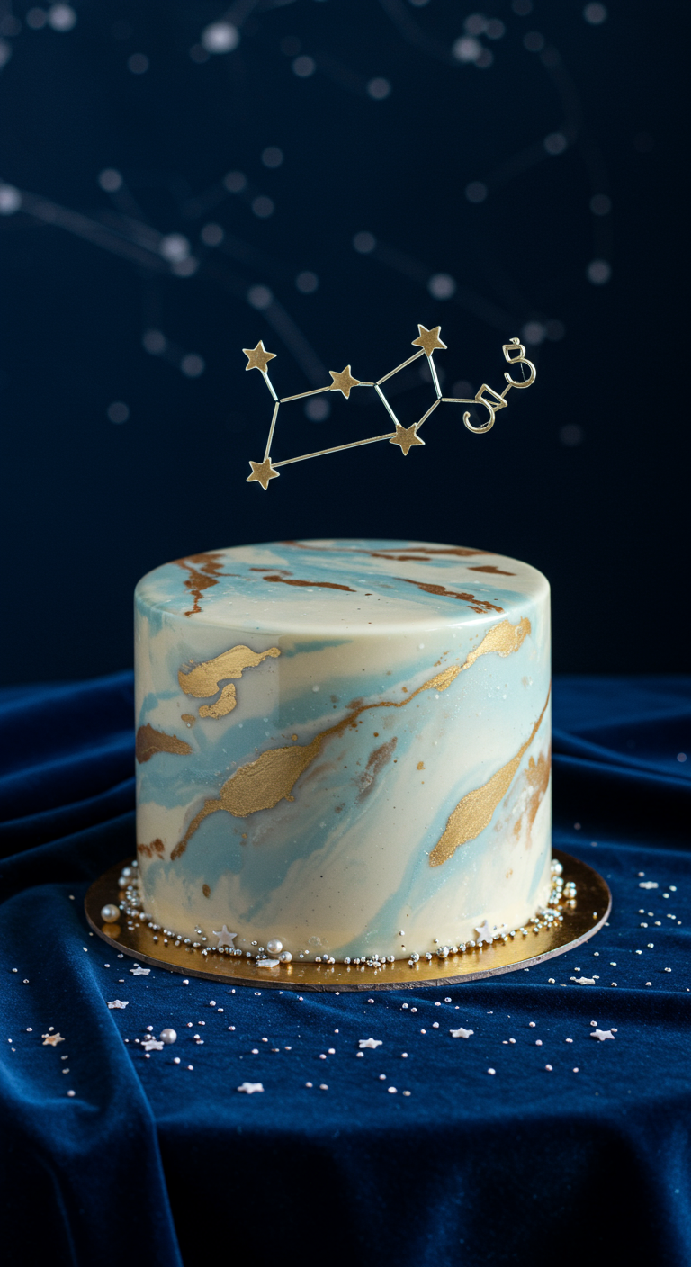 Runde Torte mit blau-weiß-goldenem Marmor-Effekt und Sternbild-Topper auf dunkelblauem Grund