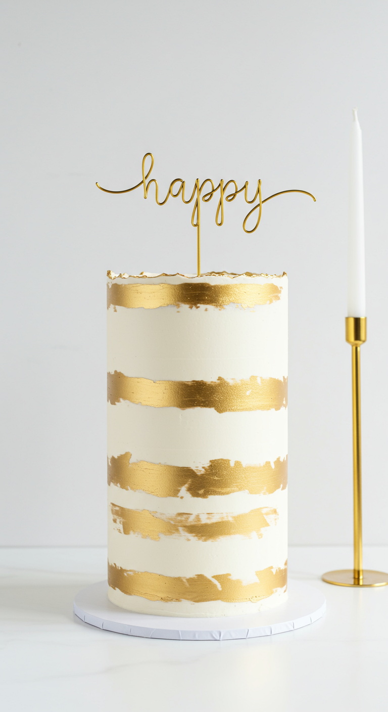 Weiße Semi-Naked-Torte mit horizontalen Goldstreifen und „happy“-Topper.