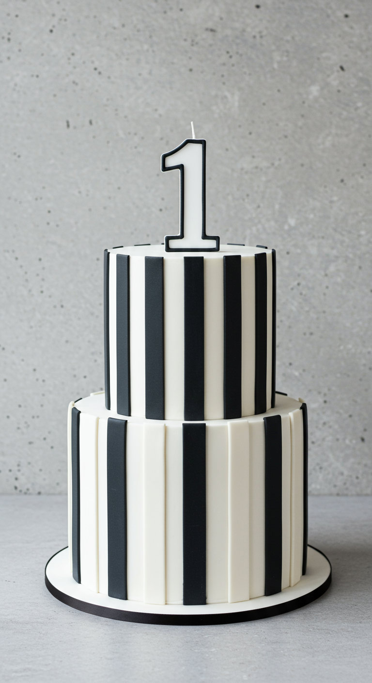 Zweistöckige weiß-schwarz gestreifte Torte mit einer „1“ als Kerzentopper.