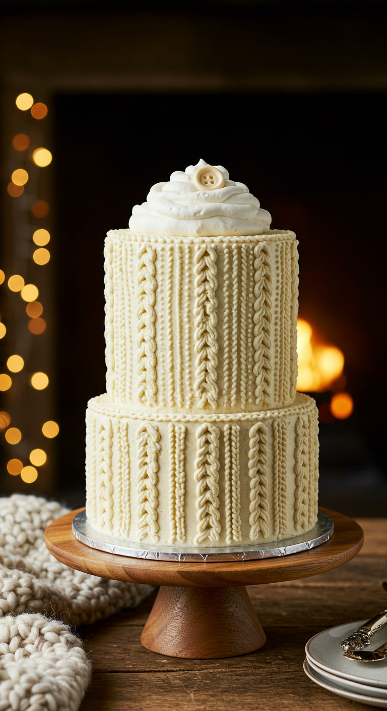 Zweistöckige cremefarbene Torte mit Strickmuster und Knopf-Topping.