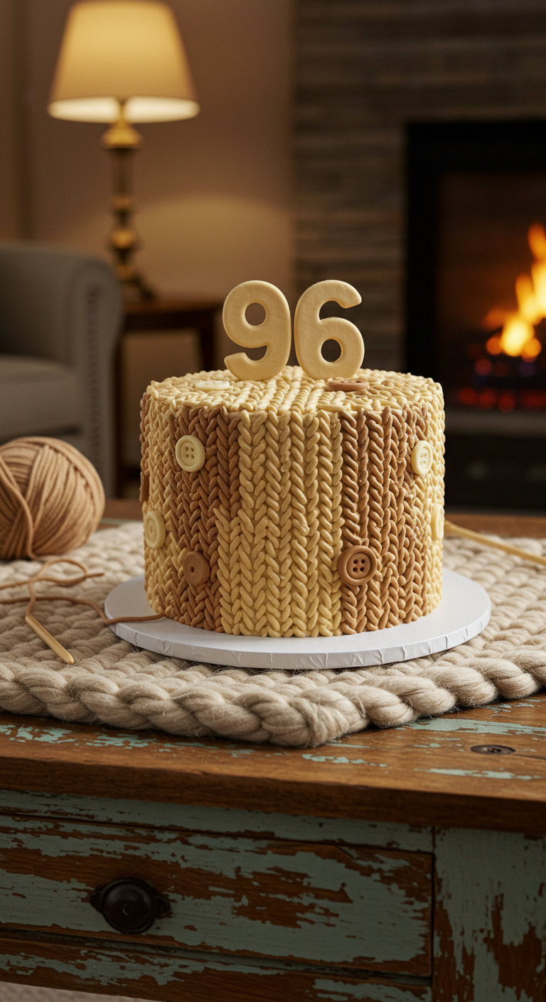 Einstöckige Torte mit beigem Strickmuster-Effekt und Fondant-Knöpfen.