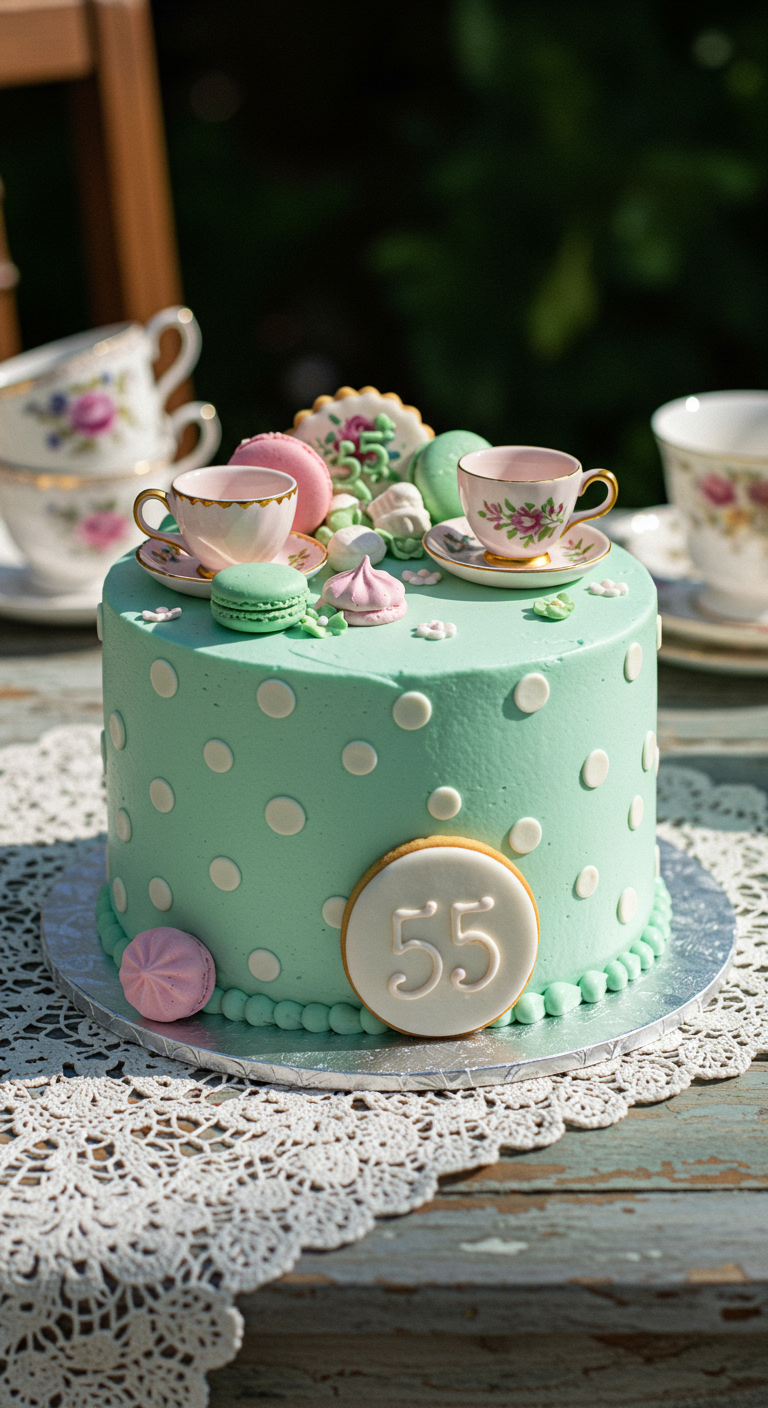 Mintgrüne Torte mit weißen Punkten, dekoriert mit Mini-Teetassen und Macarons.